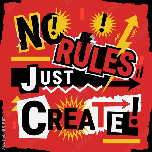 No rules just create motivational typography poster on red background vector illustration