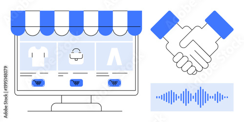 E-commerce concept. E-commerce symbols online shopping, business agreements, and sound technology. E-commerce merging digital retail, partnerships, and innovation. For retail, tech business