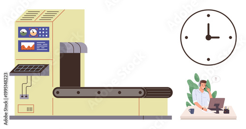 Productivity, time management, industrial processes, manufacturing, planning, efficiency. A man at a desk with a clock and a conveyor machine. Productivity and time management concept