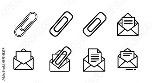 Stationery icons depicting paperclips and envelopes in linear silhouette