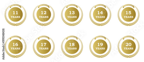 set of golden anniversary icon, anniversary 11 12 13 14 15 16 17 18 19 20 years with laurel wreath icon set, vector illustration.