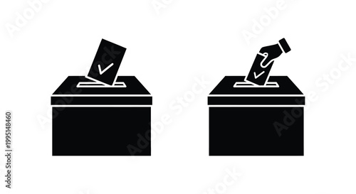 Voting boxes with ballots one marked with a check in black silhouette
