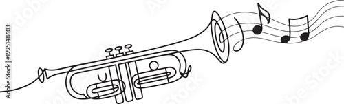 Minimalist continuous one-line drawing of a trumpet with sound waves and notes. Sleek black vector art for jazz, audio, and orchestral themes. one line art icon drawing vector