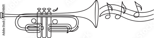 Minimalist continuous one-line drawing of a trumpet with sound waves and notes. Sleek black vector art for jazz, audio, and orchestral themes. one line art icon drawing vector