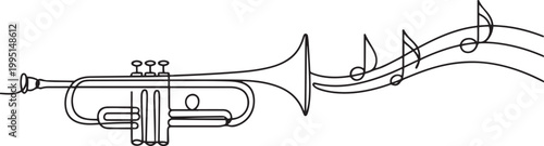 Minimalist continuous one-line drawing of a trumpet with sound waves and notes. Sleek black vector art for jazz, audio, and orchestral themes. one line art icon drawing vector