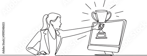 businesswoman pulls out trophy cup from computer screen. Working on award winning project, freelance job, online work, winner. one line art icon drawing vector