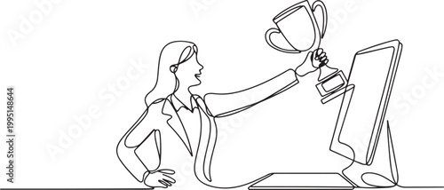businesswoman pulls out trophy cup from computer screen. Working on award winning project, freelance job, online work, winner. one line art icon drawing vector