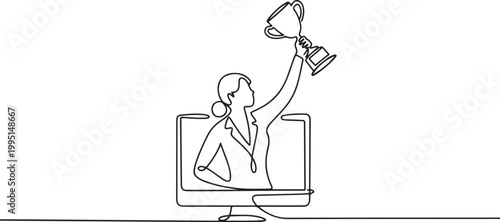 businesswoman pulls out trophy cup from computer screen. Working on award winning project, freelance job, online work, winner. one line art icon drawing vector