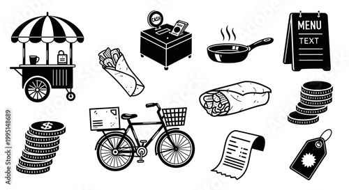 Street Food Business and Payment Transaction Icons