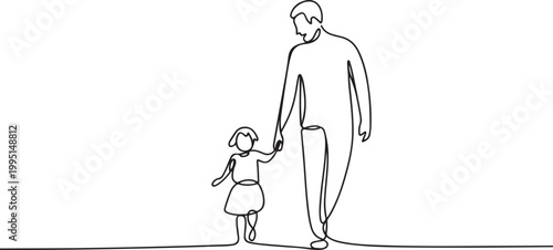 Black line drawing of father and his daughter walking. one line art icon drawing vector