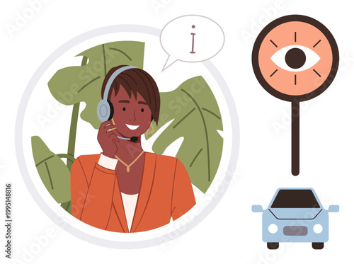 Customer support, car assistance, automotive services, information access, communication, troubleshooting help. A person wearing a headset and speaking. Customer service and car assistance