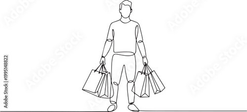 Young man carrying shopping bags in continuous one line drawing. Man holding paper bags for fashion and shopping concept line draw. one line art icon drawing vector