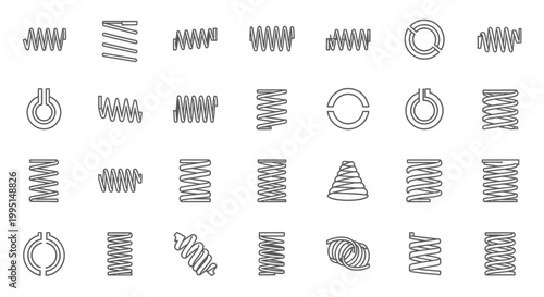spring icons and coil designs a collection of various mechanical engineering components and industrial symbols on a white background.
