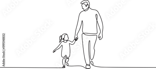 Black line drawing of father and his daughter walking. one line art icon drawing vector