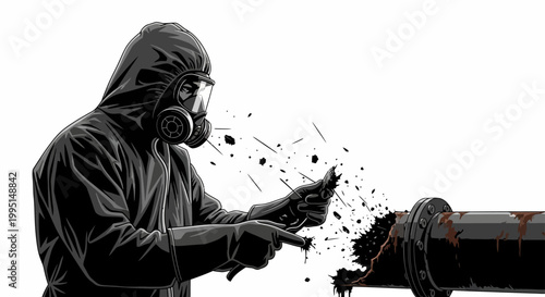 a person in a hazmat suit tackling hazardous waste and environmental pollution near a broken pipe handling asbestos debris.