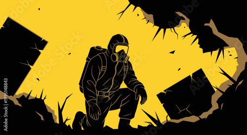 a person in a hazmat suit and gas mask kneels in a ruined environment depicting disaster response environmental protection and survival.