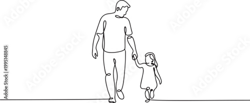 Black line drawing of father and his daughter walking. one line art icon drawing vector