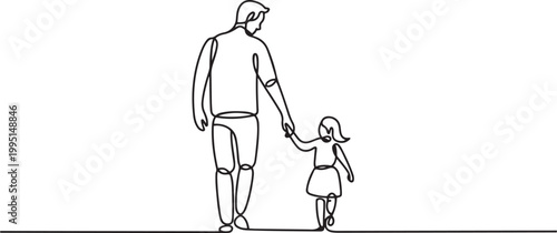 Black line drawing of father and his daughter walking. one line art icon drawing vector
