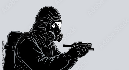 a security force operator in a full protective hazmat suit and gas mask aims a tactical weapon representing biohazard and emergency response and defense