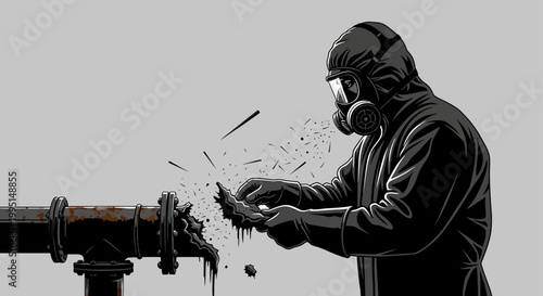 a worker in a hazmat suit inspects a leaking pipe illustrating environmental pollution and industrial accident response