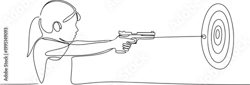 Continuous single line drawing of young girl holding a gun and practicing aiming at target shooting. one line art icon drawing vector