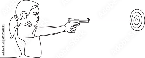 Continuous single line drawing of young girl holding a gun and practicing aiming at target shooting. one line art icon drawing vector