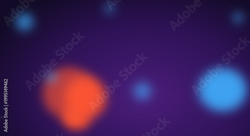 Glowing bokeh lights in dark purple background with blue and orange colors in blurry format for abstract design