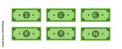 Money bill icons set with currency symbols, dollar euro yen pound naira, minimal flat cash banknote UI icons