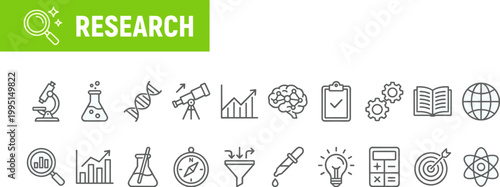 A collection of black and white line icons related to research and science on a light blue background with a green research banner