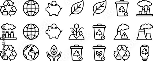 A set of black line icons depicting various environmental symbols and objects