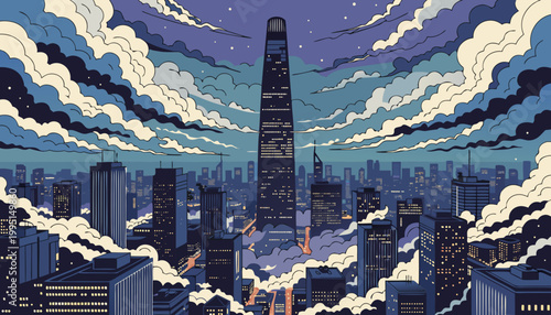 Seoul city skyline illustration with central skyscraper at night