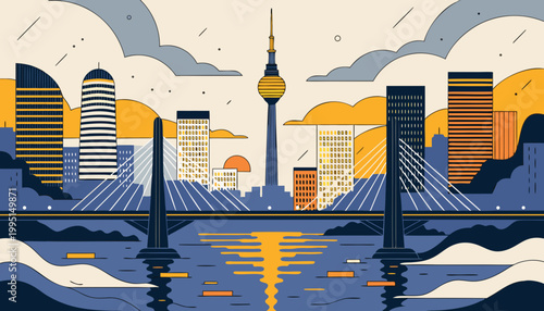 Flat Vector Art of Seoul City Skyline and Landmarks at Sunset