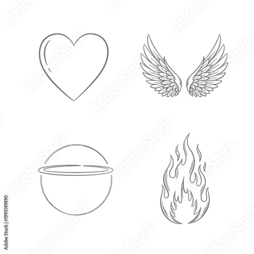Abstract line art symbols heart wings fire globe vector illustration