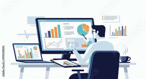 Analyst working on data visualization with charts and graphs on computer screens