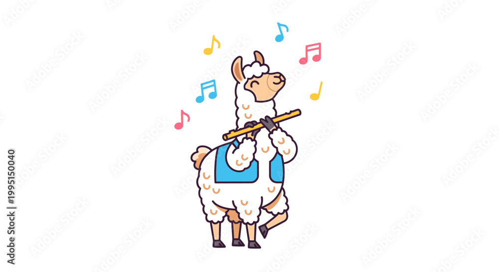 Fototapeta premium Cartoon llama playing a flute with musical notes illustration on white background