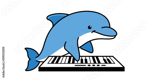 Cartoon dolphin playing keyboard isolated on white background