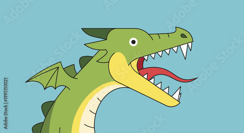 Cartoon dragon with open mouth and wings against blue background