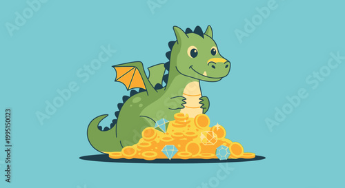 Cartoon dragon sitting on gold coins and gems with turquoise background