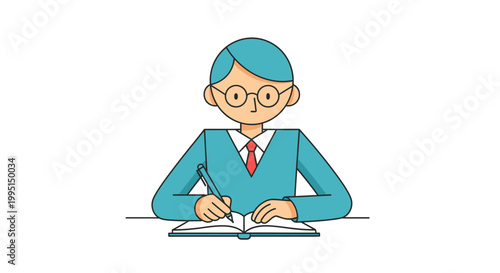 Cartoon man writing in a notebook with glasses and a tie in flat design