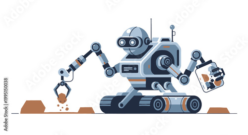 Cartoon robot with articulated arms operating in a simple terrain on white background