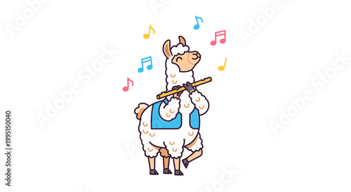 Cartoon llama playing a flute with musical notes illustration on white background