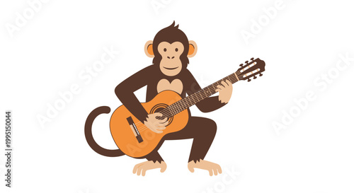 Cartoon monkey playing acoustic guitar illustration isolated on white