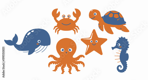 Cartoon ocean creatures whale crab turtle starfish octopus seahorse