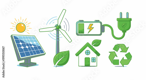 Clean energy sources solar panel wind turbine battery recycle symbol on white