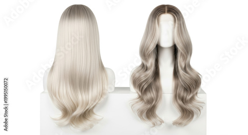 Two glossy platinum blonde wigs, straight and voluminous wavy styles, showcased on minimalist heads against a bright white background. Hair styling options concept