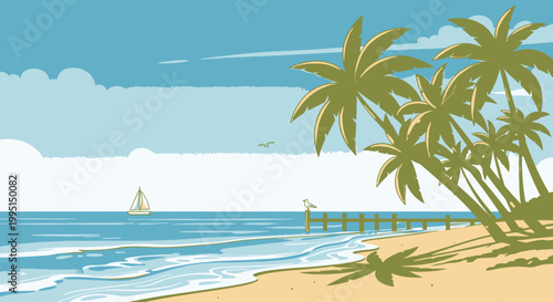 Coastal scene vector illustration with palm trees ocean and sky