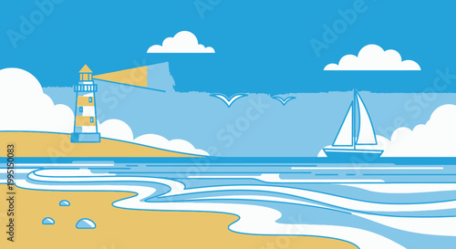 Coastal scene with lighthouse sailboat clouds and ocean view illustration