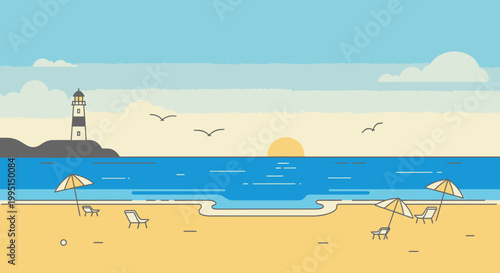 Coastal scene beach ocean lighthouse umbrellas and sun in a vector illustration