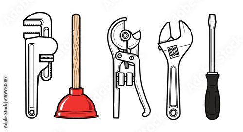 Collection of hand tools pipe wrench plunger cutter wrench screwdriver