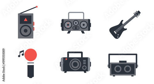 Collection of musical instrument illustrations including guitar microphone and radio